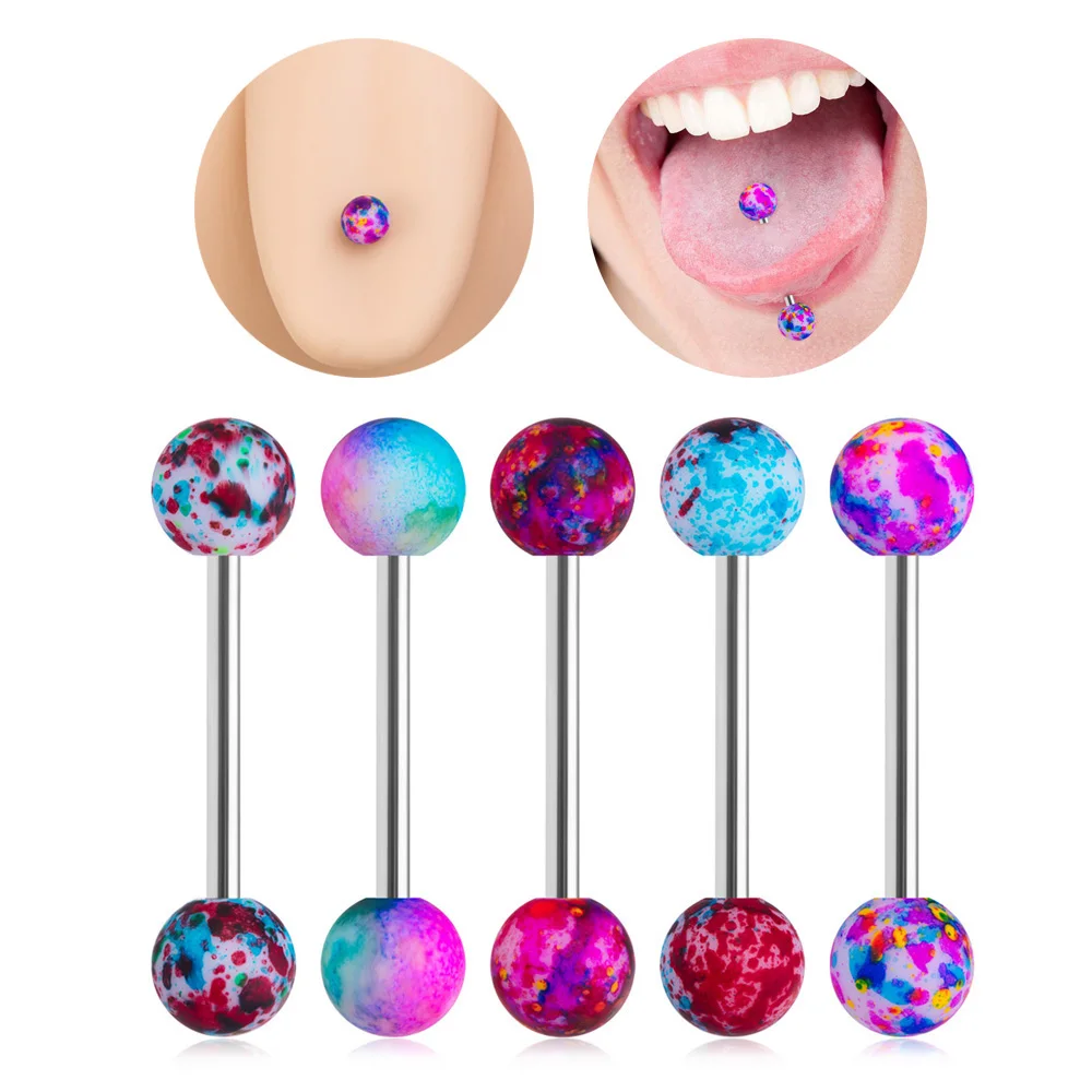 5PCS Acrylic Speckle Ball Tongue Rings Surgical Steel Barbell Tongue Piercings Jewelry Retainer Nipple Ring 14G Bar Length 16mm