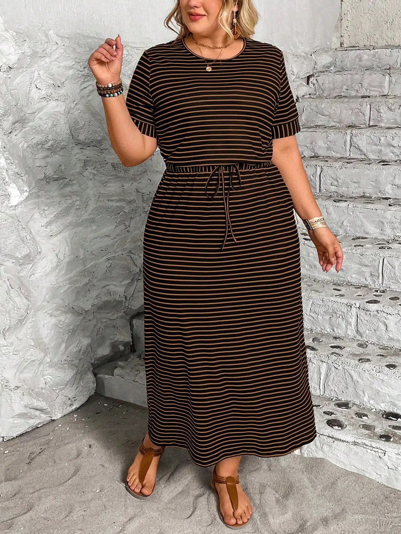 

Plus Size Striped Elastic Waist Cinched Maxi Dress For Women Spring Summer