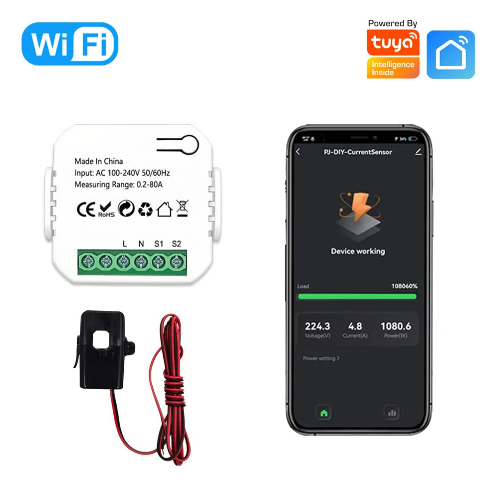 Monitor de Energia Digital Tuya Wifi 80a com Sensor Transformador de Corrente ct Smart Life App Monitor de Energia Remota 110v 240v 50 60hz
