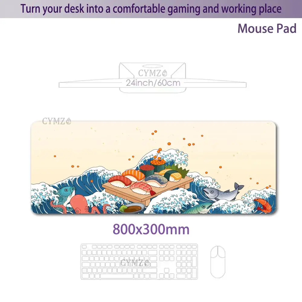Tapis de souris sushi et vague artistique fruits de mer, tapis de bureau avec bord cousu, accessoires de bureau antidérapants en caoutchouc, clavier de jeu