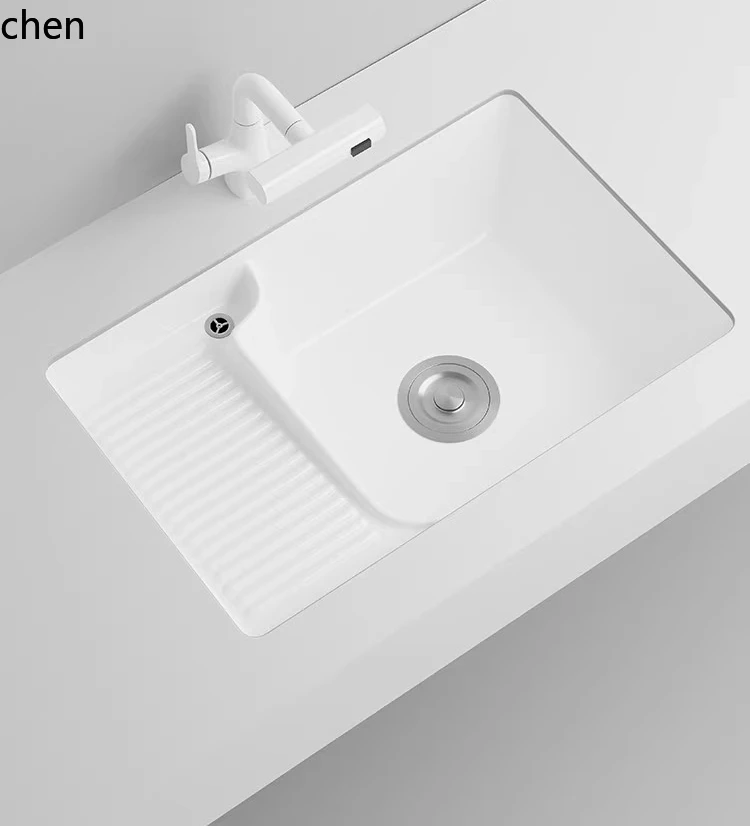 

QZT Balcony Ceramic Laundry Basin with Washboard, Household Embedded Deep Laundry Sink