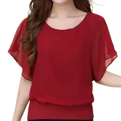 Blusa de gasa para mujer, Top de Color sólido con cuello redondo, jersey con manga de murciélago y volantes, Top de verano