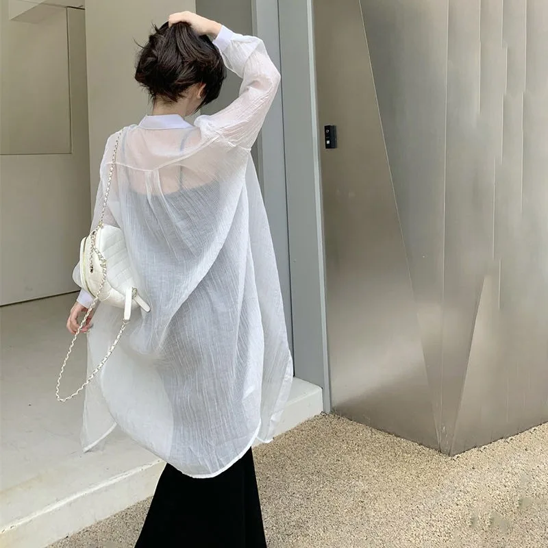 

Medium-length White Chiffon Sunscreen Shirt Woman Summer Muslin Cardigan Shirt Large Coat See Through Ice Silk Top Shirts Women