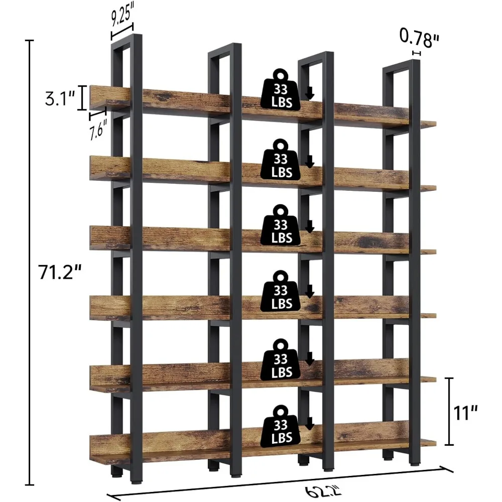 71" Tall Triple Wide 6 Tier Bookshelf, Industrial Style Bookcases, Open Display Shelves, Modern Tall Bookcase Furniture