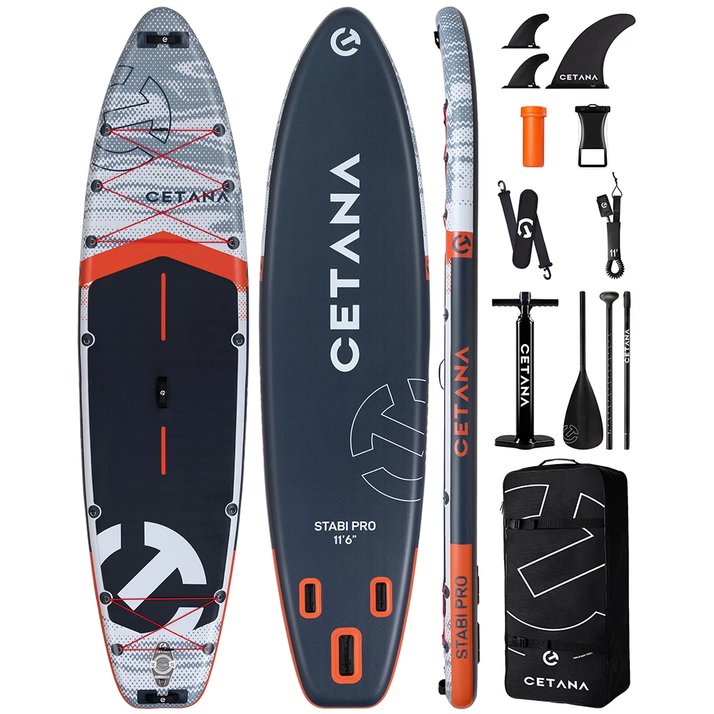 CETANA STABI GREY Wasserdichtes Aufblasbares Paddleboard 11'6''x35''x6'' für Erwachsene Stehender Stil Aquatisches Angelboard mit Zubehör SUP
