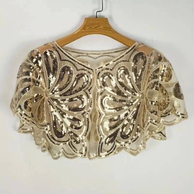 Vintage Sequin Floral Capelet Shawl Sparkling Embellished Party Accessory Hand Washable No Stretch Elegant Decorative Cape
