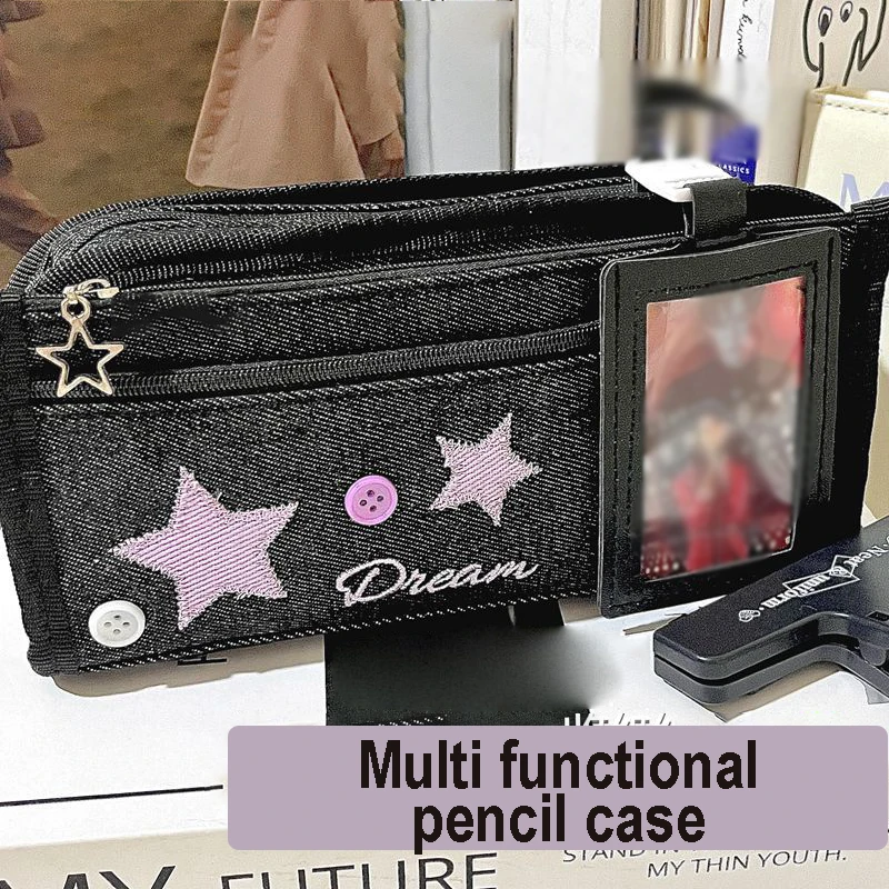 Retro Denim Star Pencil Case Girl Makeup Bag Multi-layer Storage Stationery Pen Pouch with Removable 3-inch Photocard PU Bag