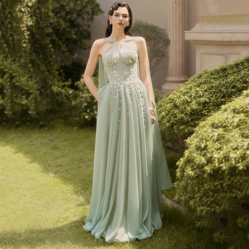 

Customized Halter Neckline Tulle Draped Evening Dress Sleeveless Appliques A-line Backless Party Dress Floor Length Prom Gown
