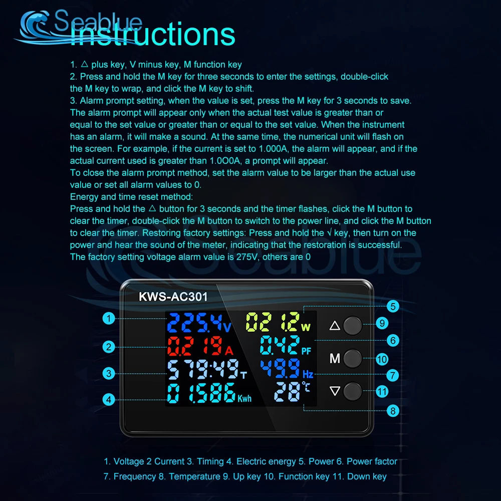 Digital Display KWS-AC301 Voltmeter Ammeter AC 50-300V Power Energy Meter 8 in1 LED Digital AC Wattmeter Electricity Meter
