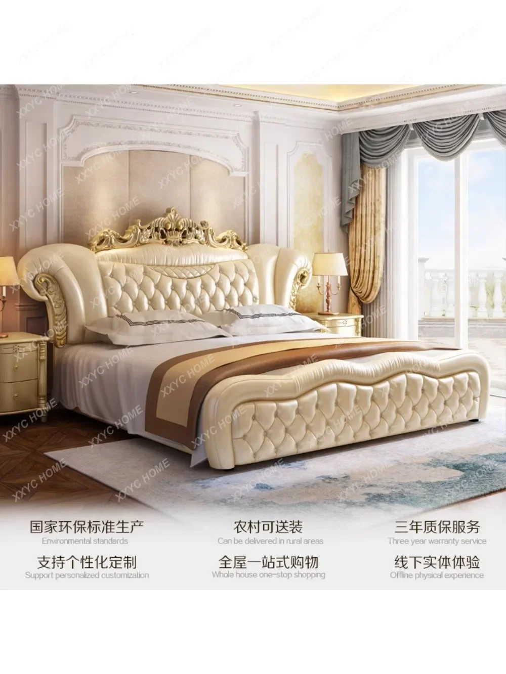 European-Style Genuine Leather Luxury Solid Wood Master Bedroom High-End Elegant Double Bed Marriage Bed French Furniture