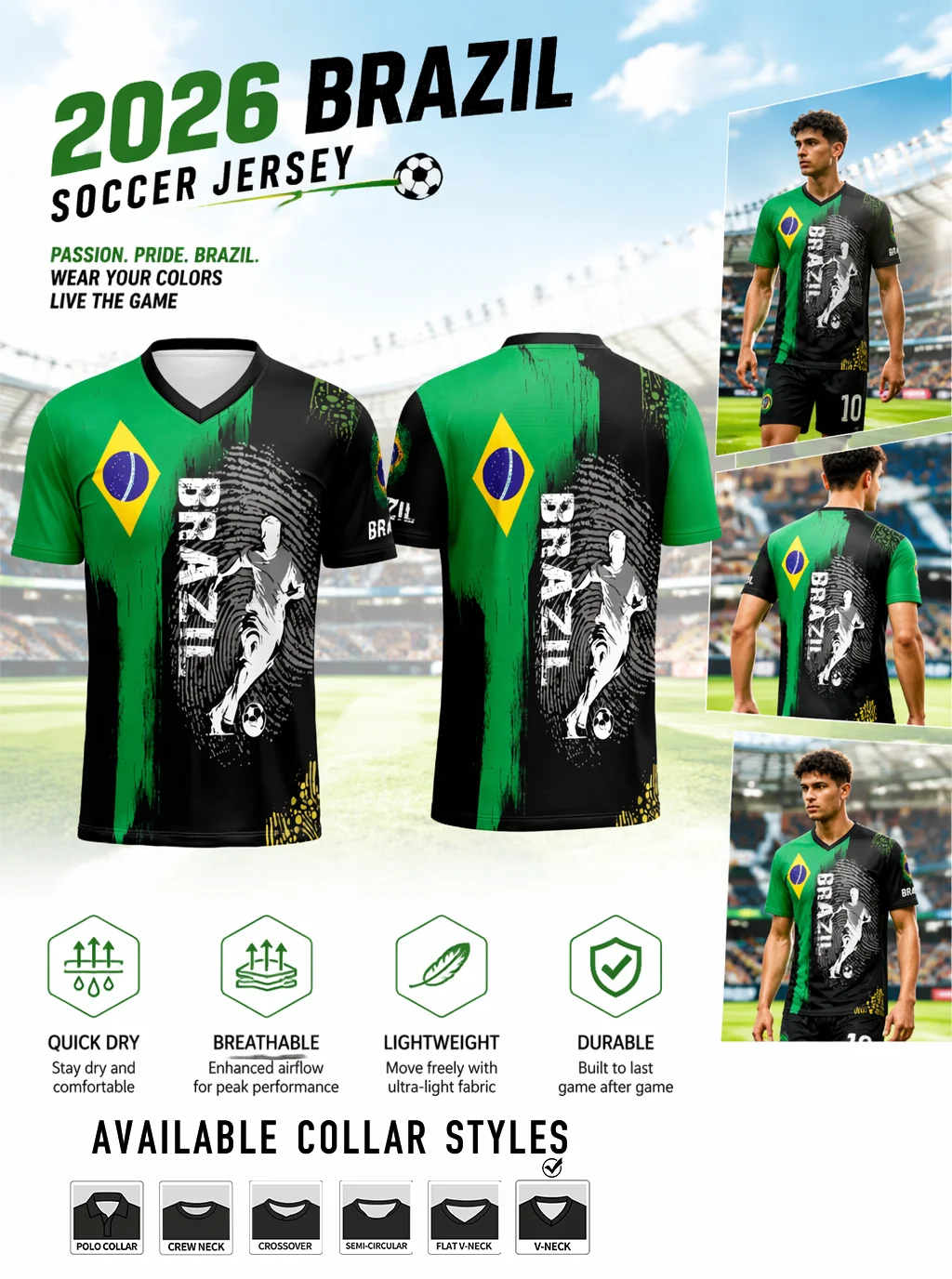 Durable Brazil national‑team sport top, fine stitching workmanship and six replaceable collar styles