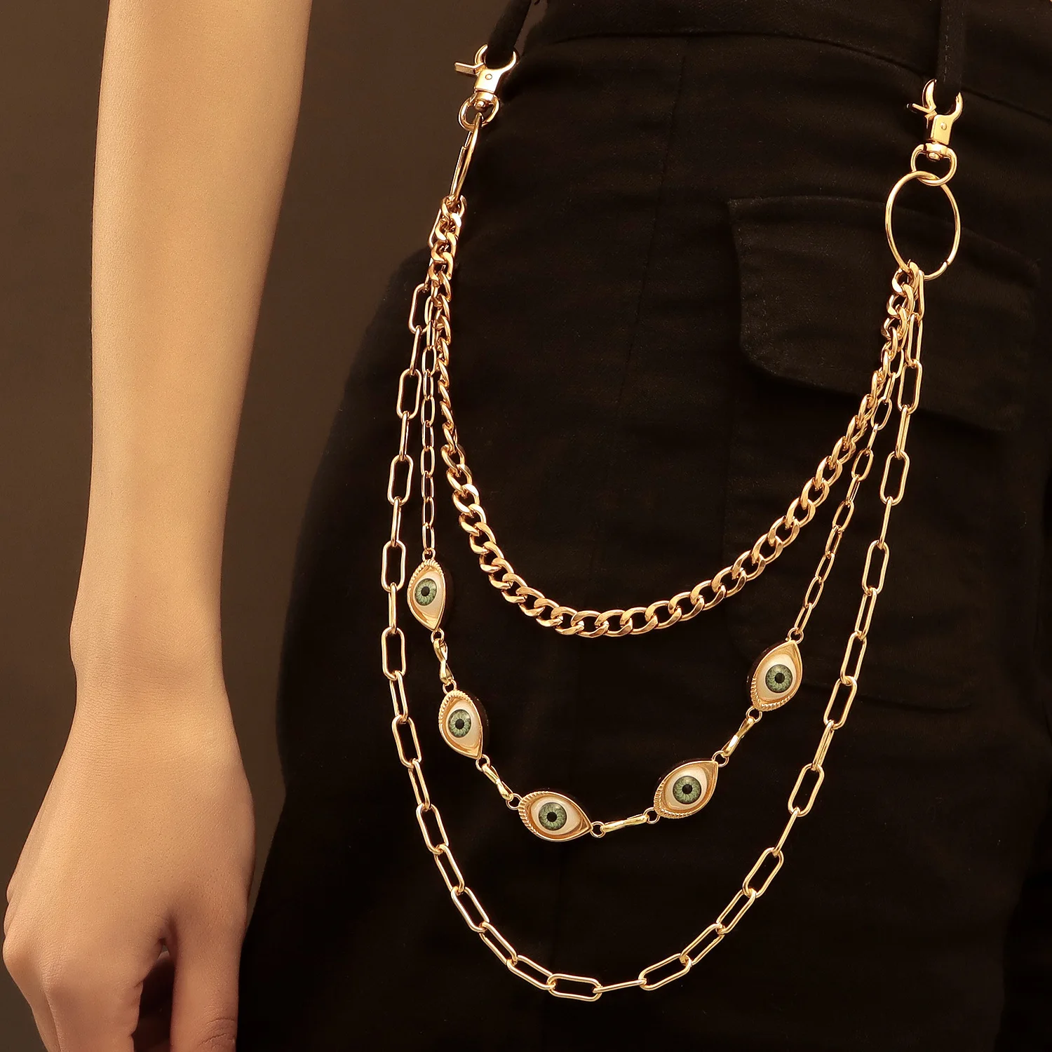 Metal Punk Layered Chain Pants for Women Gold Color Evil Eye Key Chains Belt Waist Chain Jewelry Accessories Trousers Keychain
