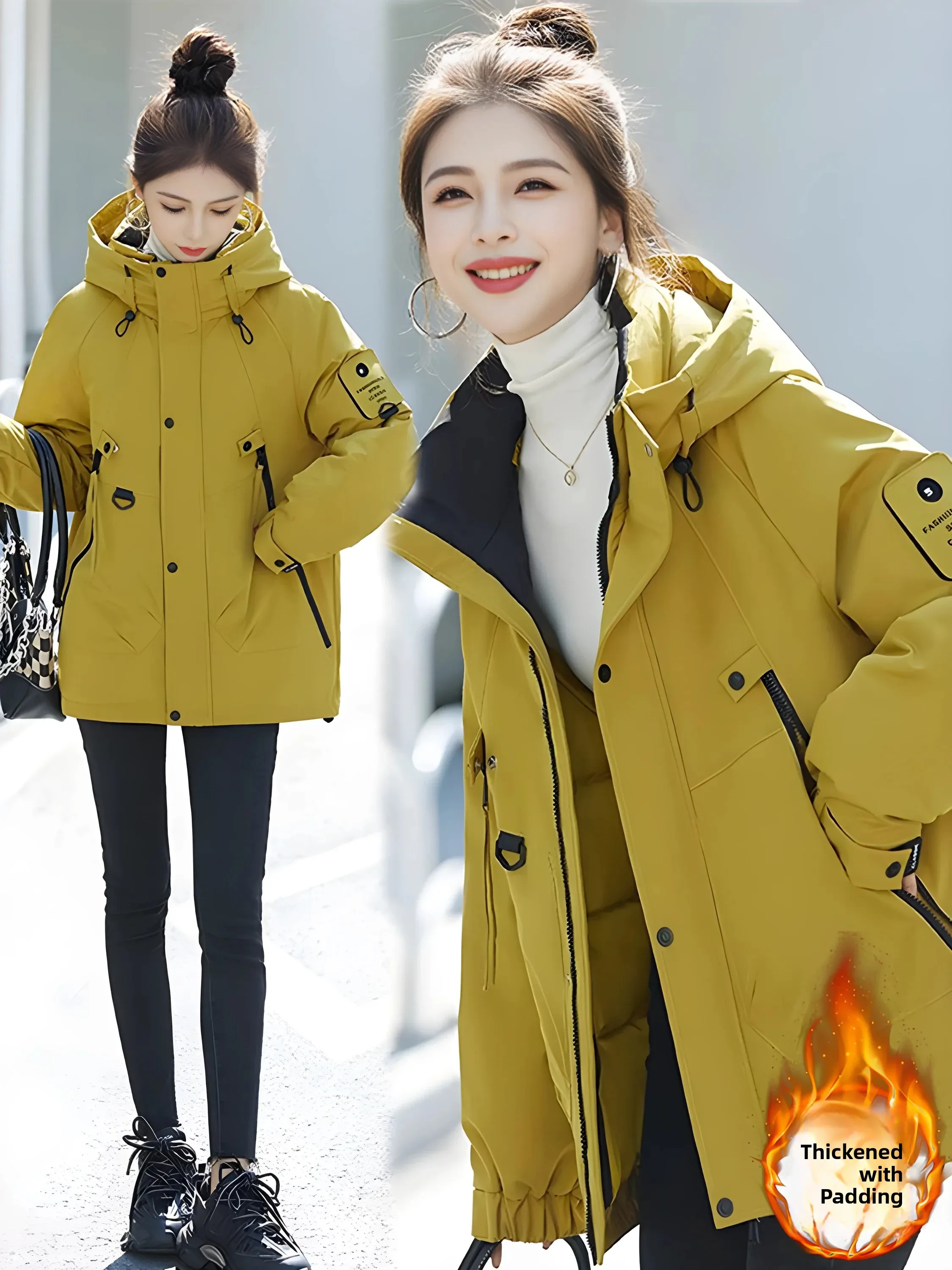 Women's Thickened Cotton Jacket Loose Fit Winter Coat Korean Style Commute Pocket Zipper Pure Color Long Sleeve Hooded Coat