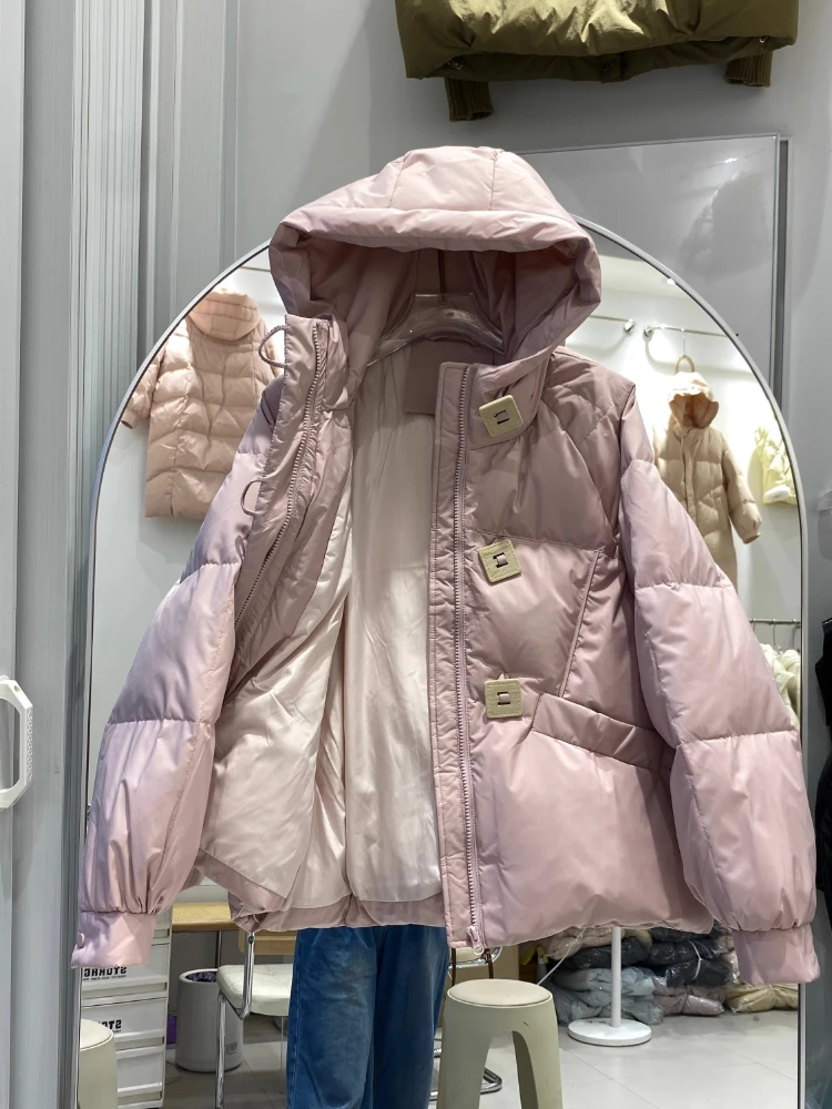 2025 신상 여성용 후드 스퀘어 버클 브레드 다운 자켓 패션 캐주얼 90% 화이트 덕 오버코트 겨울 아우터