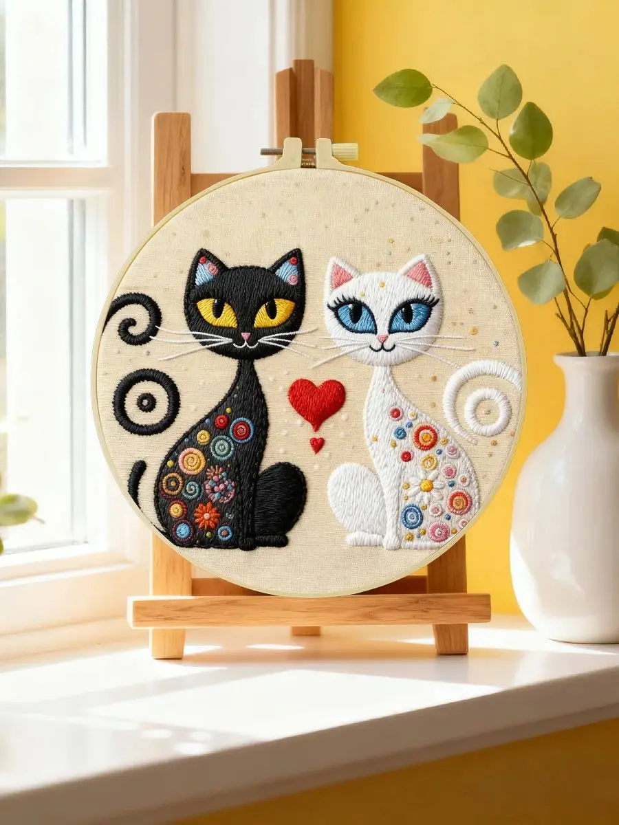 1 Stück 20X20CM/15X15CM 7,87/6,3 Zoll Katzen-Stickerei-Starter-Kit DIY-Kit DIY-Stickerei-Set Handarbeiten Nähkunst Heimdekoration – Detail 6