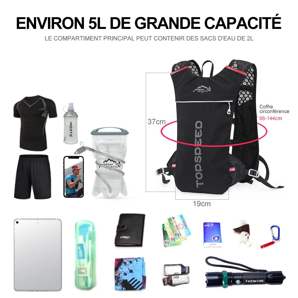 INOXTO-Sac à dos ultra-léger pour hommes et femmes, sacoche de course, d'hydratation, de voyage, de marathon, de vélo, d'eau, 2L, 5L