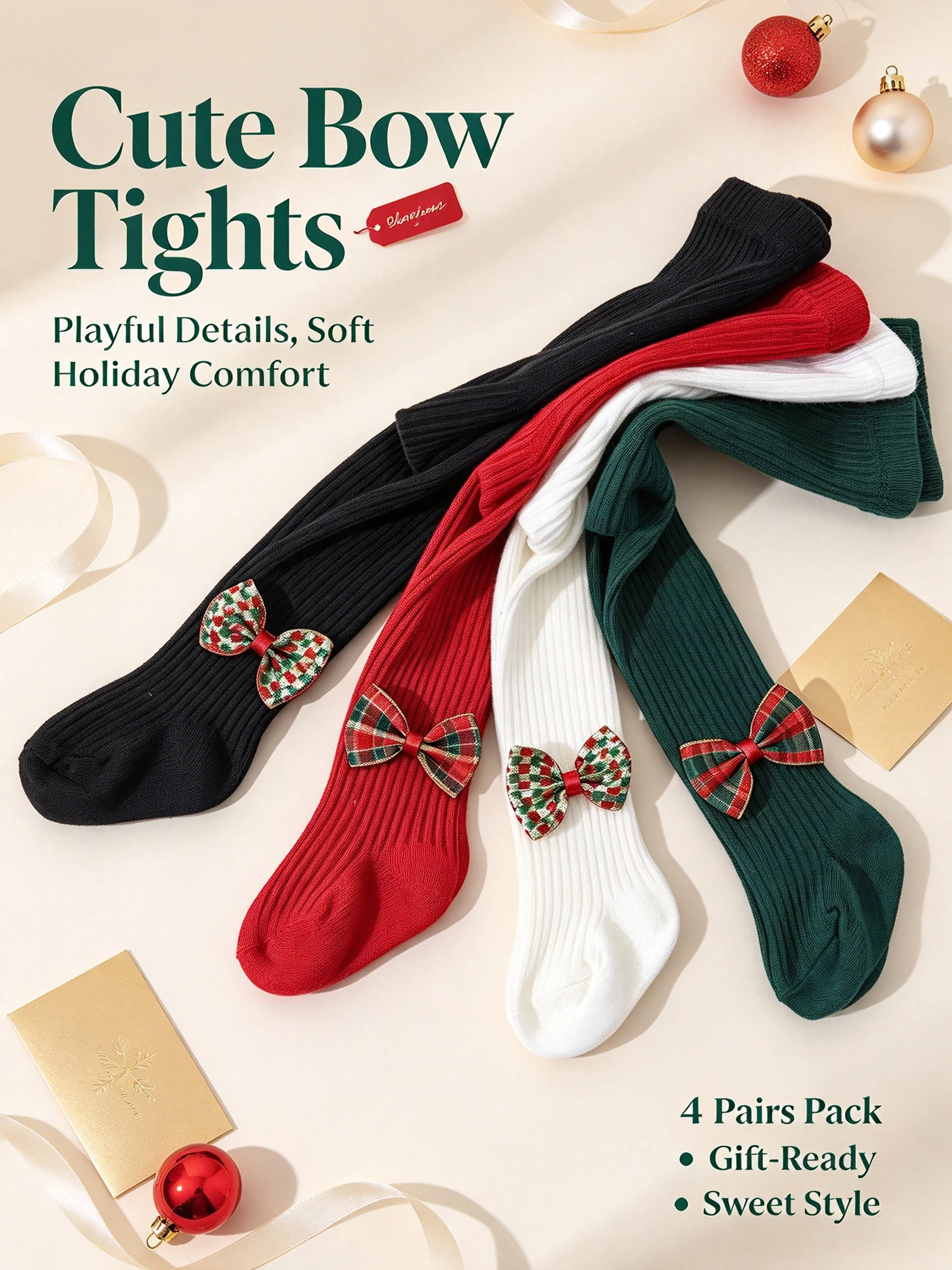 4 Piece Girls Christmas Tights Ribbed Knit Pantyhose with Plaid Bow Decor Soft Base Socks for Kids 0-9Y New Year Holiday Outfit