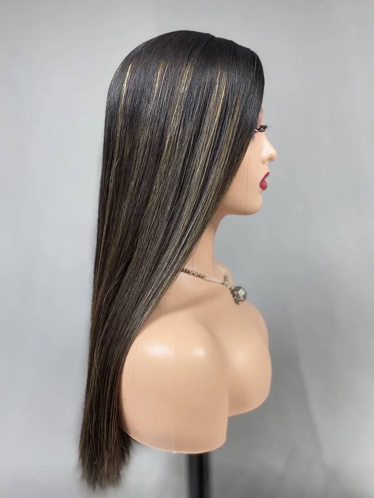 Bone Straight black color with highlights wig high density no short hair silk top natural looking for thinning hair kosher wigs