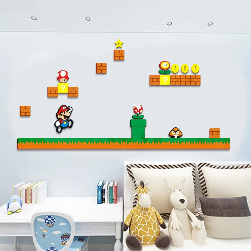 Super Mario Bros DIY Self-assembly Acrylic Wall Sticker Mario Toad mushroom Brick Diamond Wall Sticker Kids Room Wall Decor