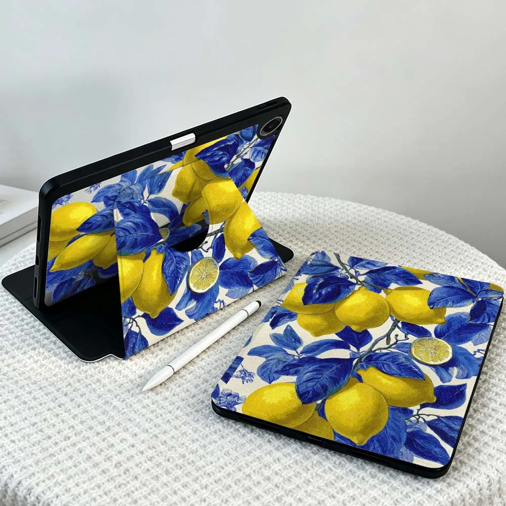 Luxury Lemon Pattern Soft For Samsung Galaxy Tab S11 S10 S9 S8 A11 FE Plus Ultra 360° Rotation Stylus Storage Tablet Case