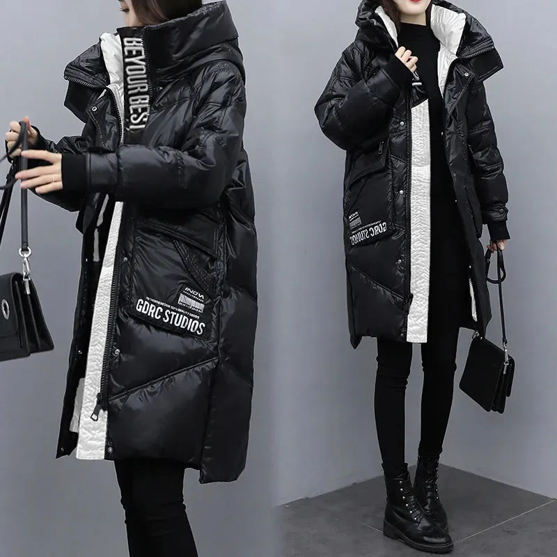 New Fashion Black Bright Face Down Jacket Women Long Winter Warm Hooded Parker Overcoat Snow Female 90% White Duck Down Coat