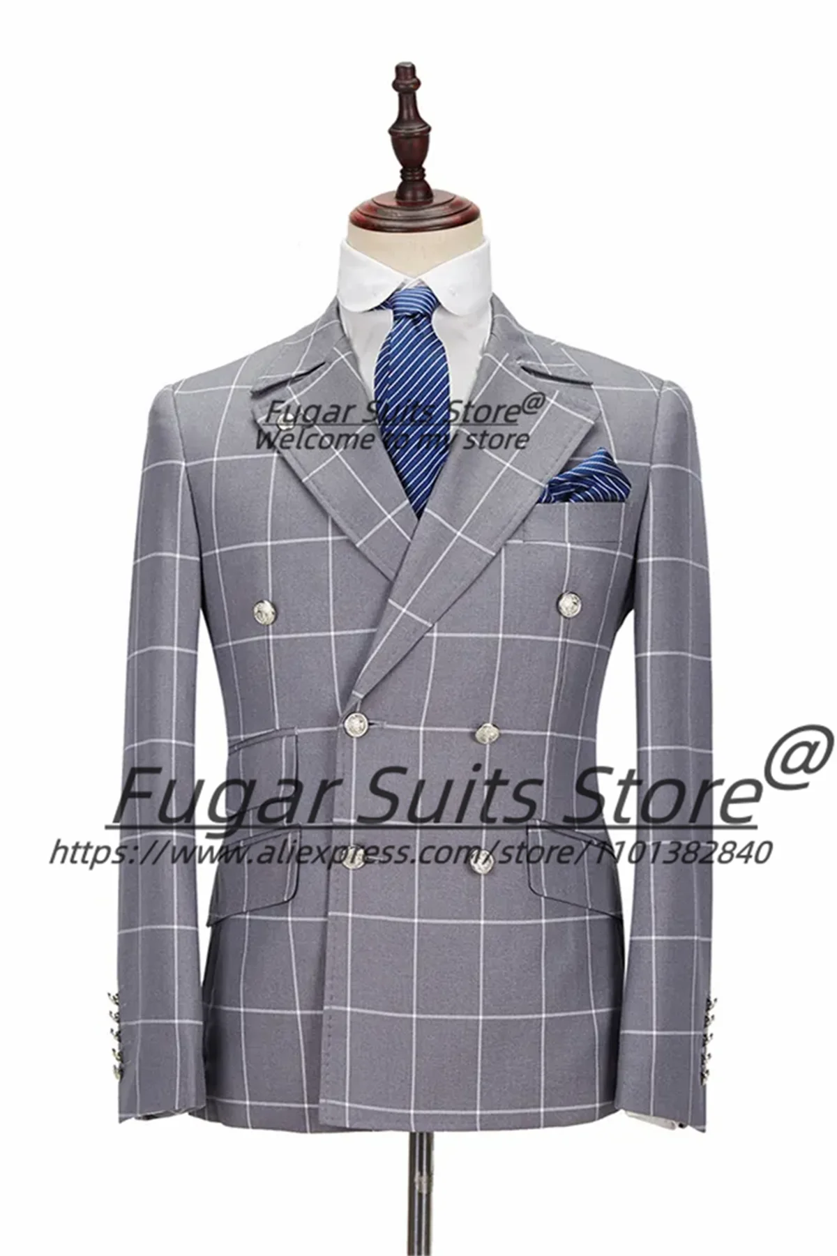 

Customized Gray Plaid Men Suits Slim Fit Double Breasted Groom Tuxedos 2Pieces Sets Peak Lapel Male Blazers Business Ropa Hombre