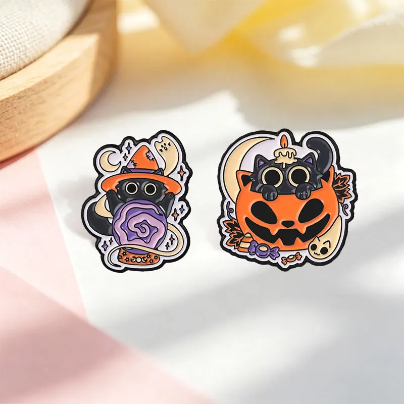 Gotische Geisterkatzen-Trankflaschen-Emaille-Pins Halloween-Hexe Schwarze Katze Kürbis Kristallkugel Broschen Anstecknadel Schmuck Geschenke – Detail 7