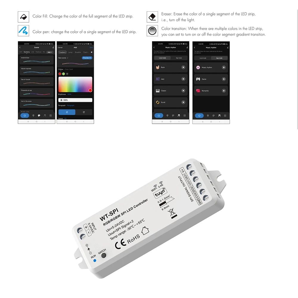 Skydance WT-SPI DC5-24V Tuya Smart WiFi + 2.4GHzRF SPI APP Controlador para WS2811 WS2812 WS2815 Pixel RGBIC/RGBWIC LED Strip Light