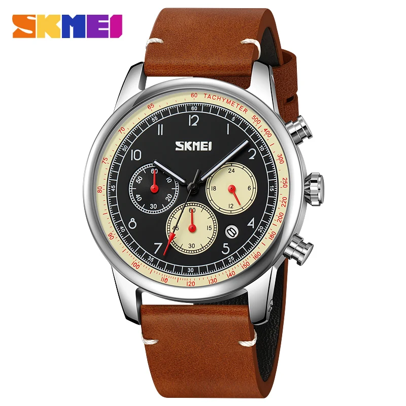 

SKMEI 9318 Fashion Luxury Quartz Watch For Men Date Waterproof Clock Stopwatch Leather Casual Quartz Wristwatches Male Reloj