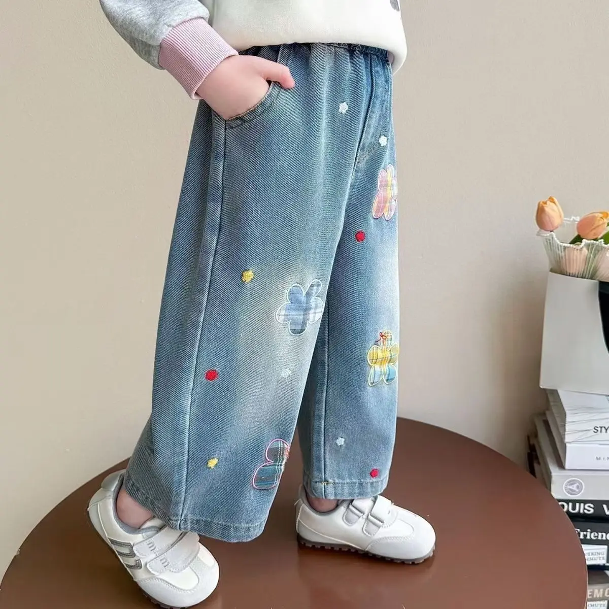 IENENS Girls' Jeans 2026 Spring and Summer New Fashionable Embroidery Korean All-Matching Straight Baby Girl Autumn Long Pants