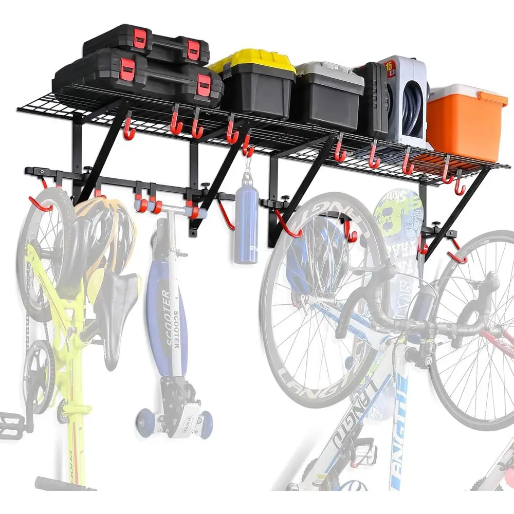 

Sturdy Adjustable Wall-Mounted Garage Shelving with Bike Hooks, Black, 2-Pack Organizer