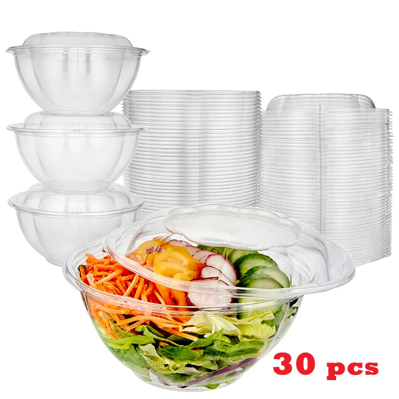 30pcs 32oz Clear Plastic Salad Bowls with Lids Disposable Medium Takeout Container with Snap on Lid for Fruit Salads, Quinoa