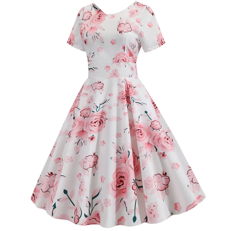 Summer Floral Print Elegant A-line Party Dress Women Short Sleeve Swing Pin up Vintage 50s Dresses Robe