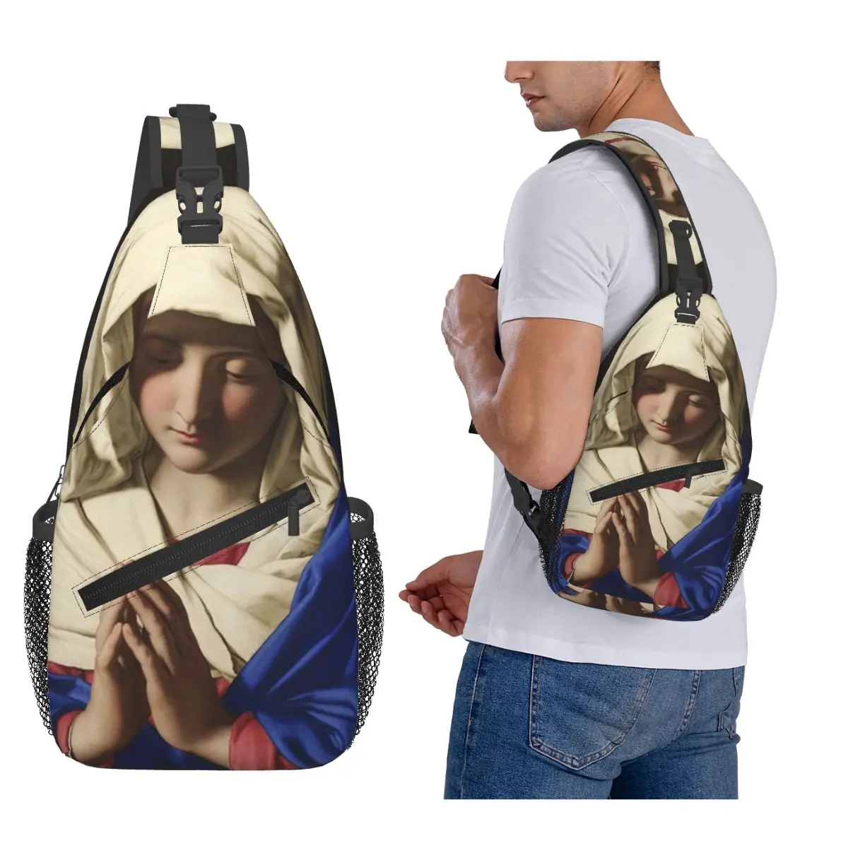

Catholicism Saints Jesus Mary Chest Bag Men Sling Crossbody Backpack Chest Bag Travel Hiking Daypack Shoulder Bag