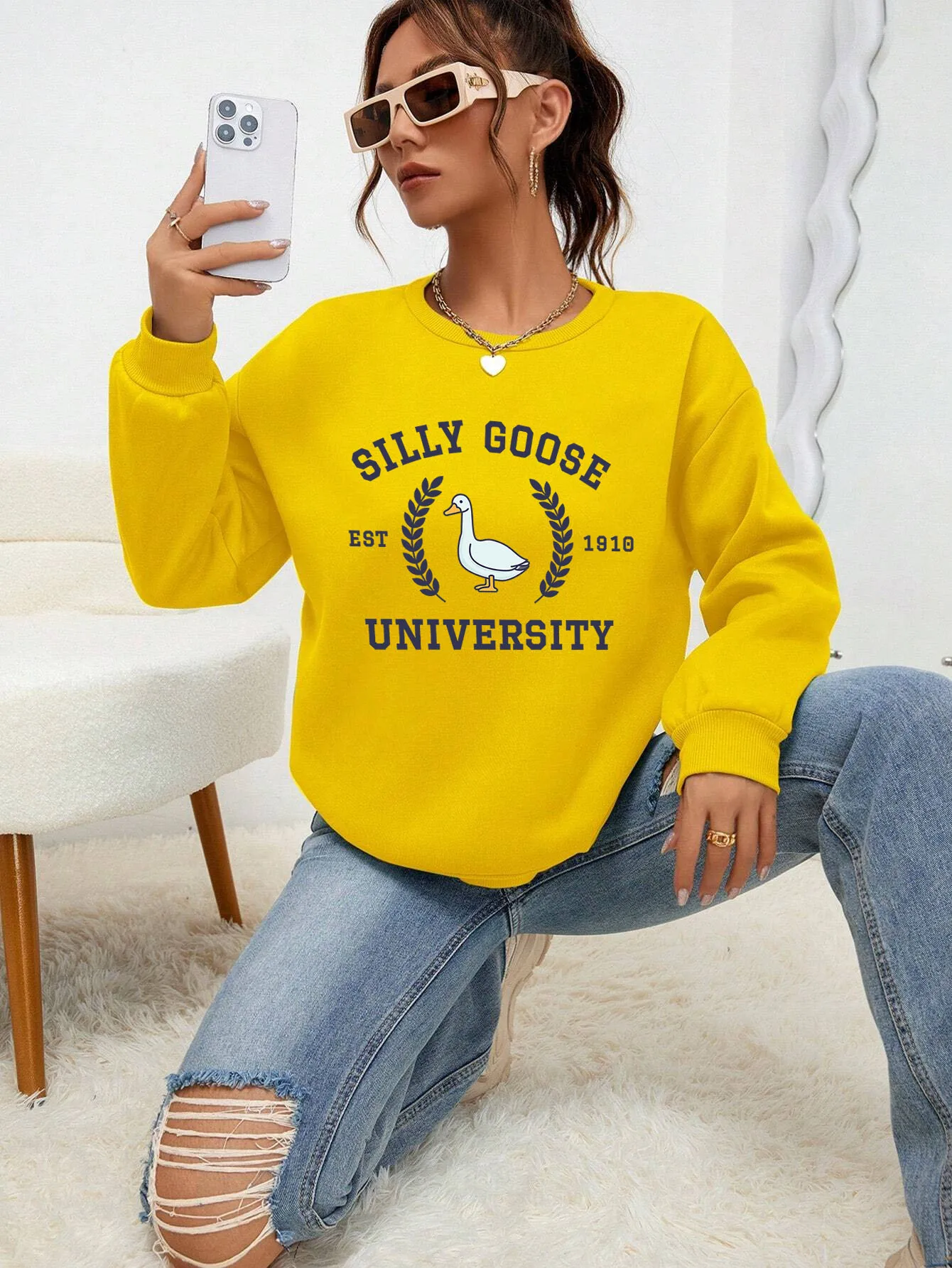 Silly Goose University Est 1918 Printde Woman Hoodie Casual Cartoon Clothing Loose Trendy Sweatshirt  Autumn Crewneck Tops