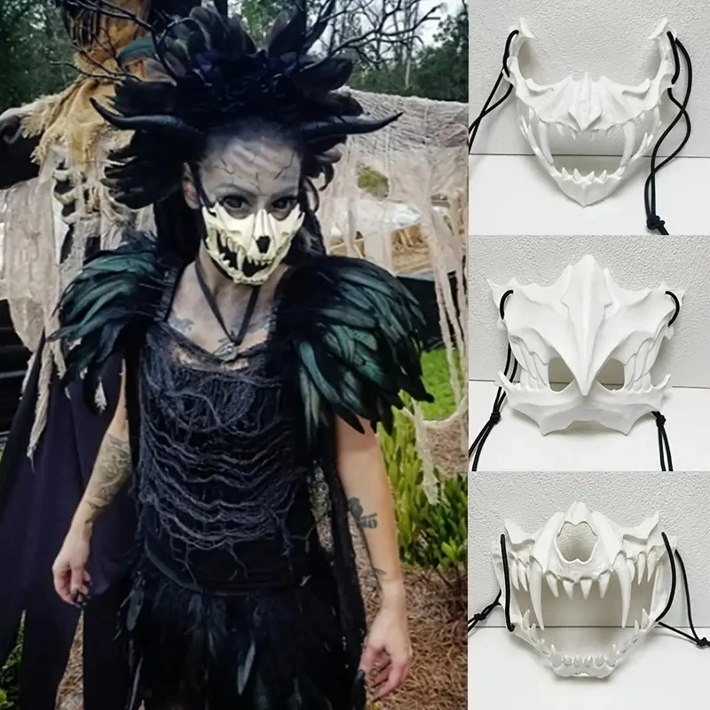 White Black Skull Party Mask Women Men Demon Werewolf Tigers Skull Half Face Cover Mask Halloween Dance Prom Cosplay Mask Prop