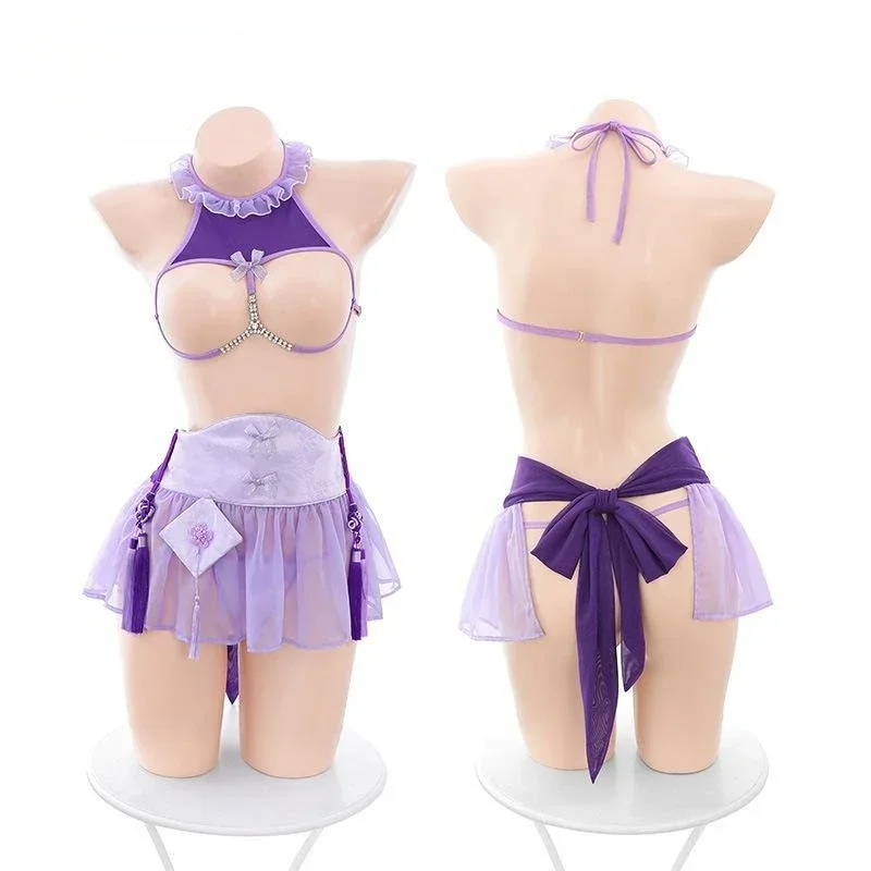 Maid Cosplay Costume Women Sexy Lingerie Open Chest Dress Uniform Crotchless Nightwear Exposed Split Outfit Tassel Underwear