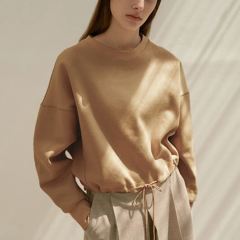 Women Loose Cropped Jacket Casual Solid Sweatshirt Y2k Spring Long Sleeve Short Sportswear Streetwear Drawstring Tops Clothing