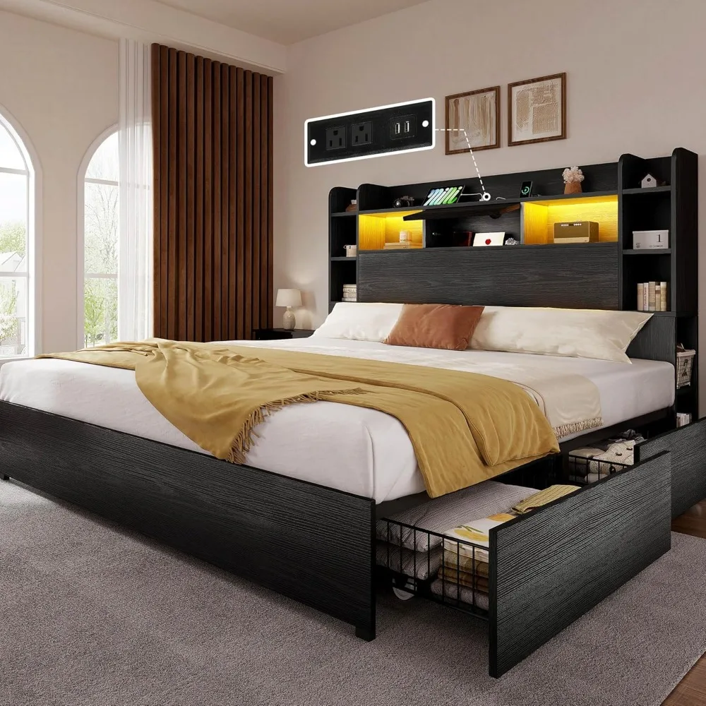 

Queen Size Bed Frame with Bookcase Headboard, Storage Drawers, RGB LED Lighting, and USB Charging Ports