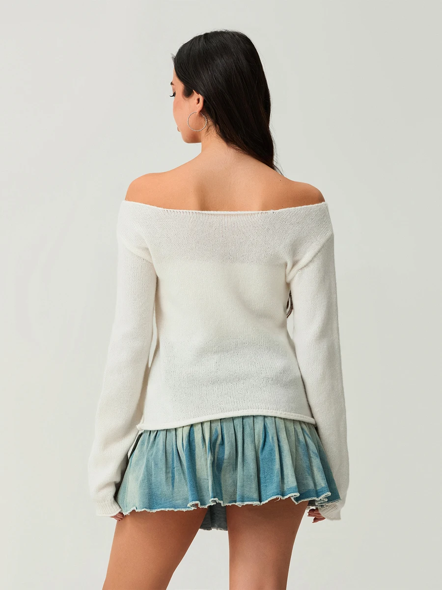 새로운 패션 여성 오프숄더 스웨터 슬림 그래픽 프린트 긴팔 니트 탑 빈티지 스트릿웨어 특가 S M L