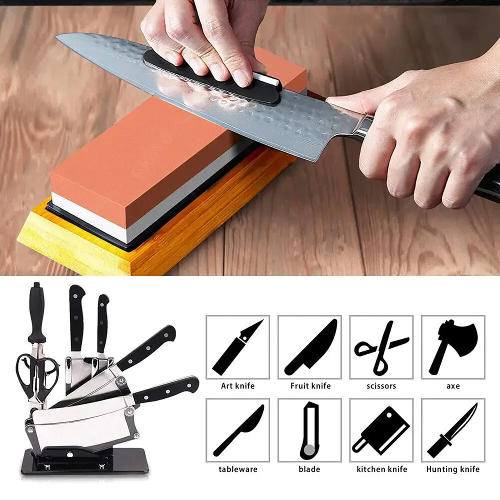 Professional Knife Sharpening Stone Kit 400/1000 3000/8000 Grit Non-slip Bamboo Base Double-side Knife Whetstone Angle guide