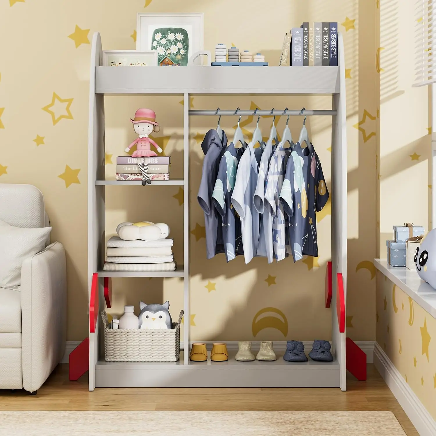 Kids Dress Up Storage with Mirror, Kids Wardrobe Closet, Costume Organizer with Hanging Rod, 3 Shelves, Rocket Shaped Dress Up Closet Armoire for Kidroom & Playroom