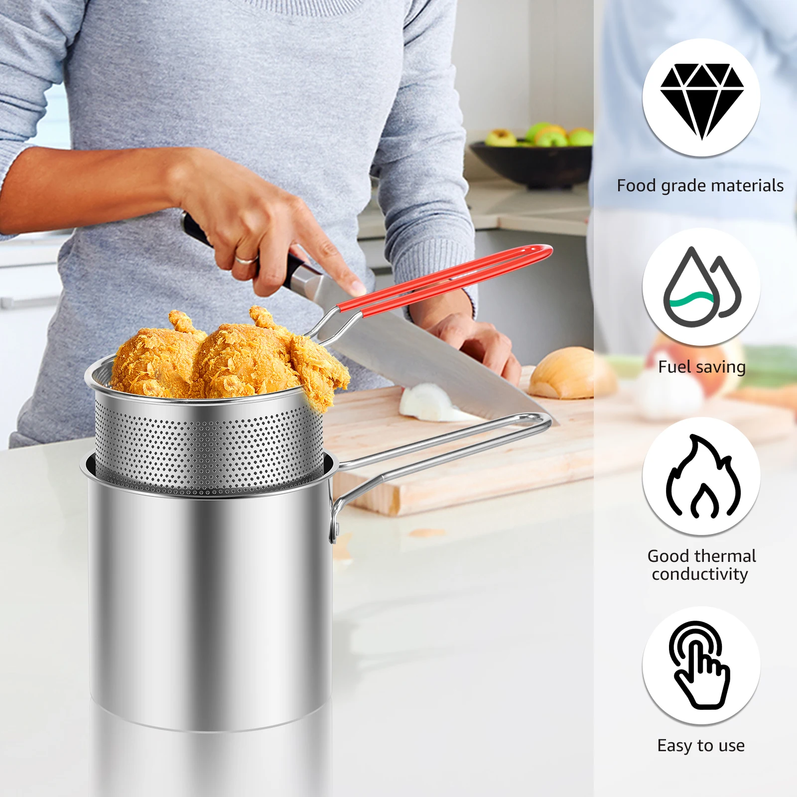 Deep Fryer Pot with Basket and Lid Stainless Steel Deep Fryer Pasta Strainer Basket Fries Fish Chicken Fried Food Cooking Pot