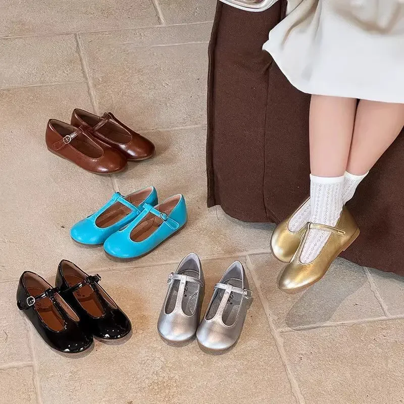 Freizeitschuhe für Kinder, PU-Leder, einfarbig, Frühlingsschuhe für Mädchen, rutschfeste Designer-Schuhe mit flachem Boden, silberfarben, schwarz, Größe 22–32 – Detail 2