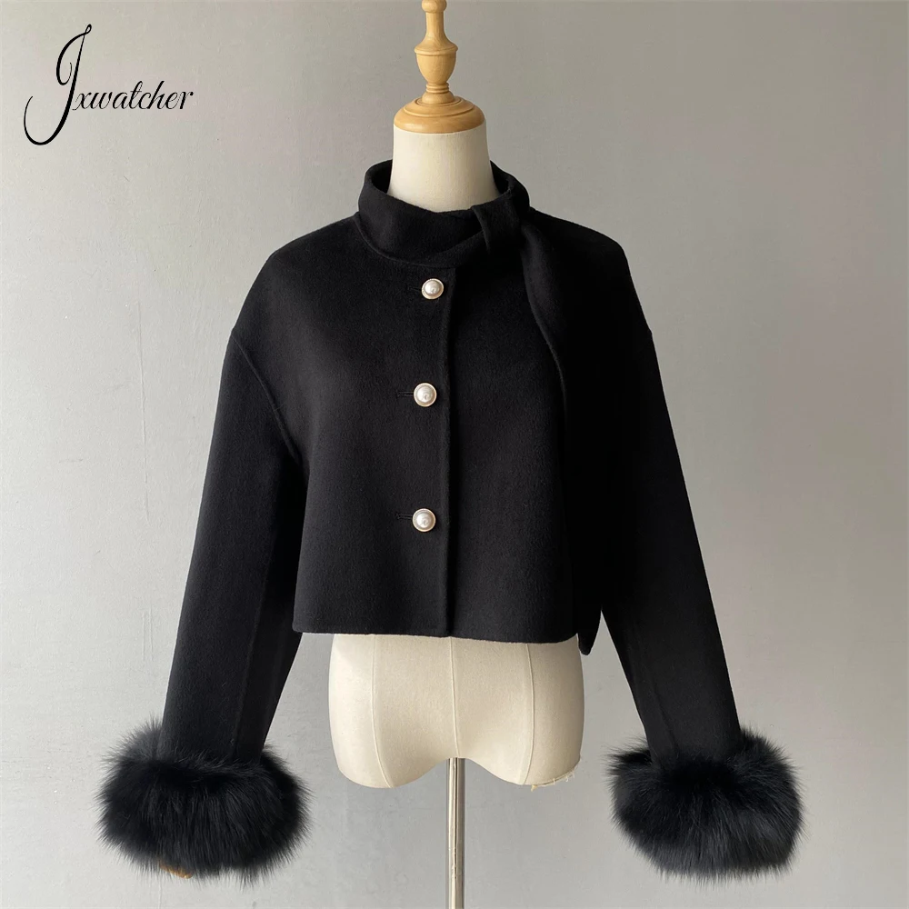 Jxwatcher Wool Coats with Real Fur 2024 Autumn Elegant Woman Coat Ladies Fashion Double Face Cashmere Jacket Solid Color Female