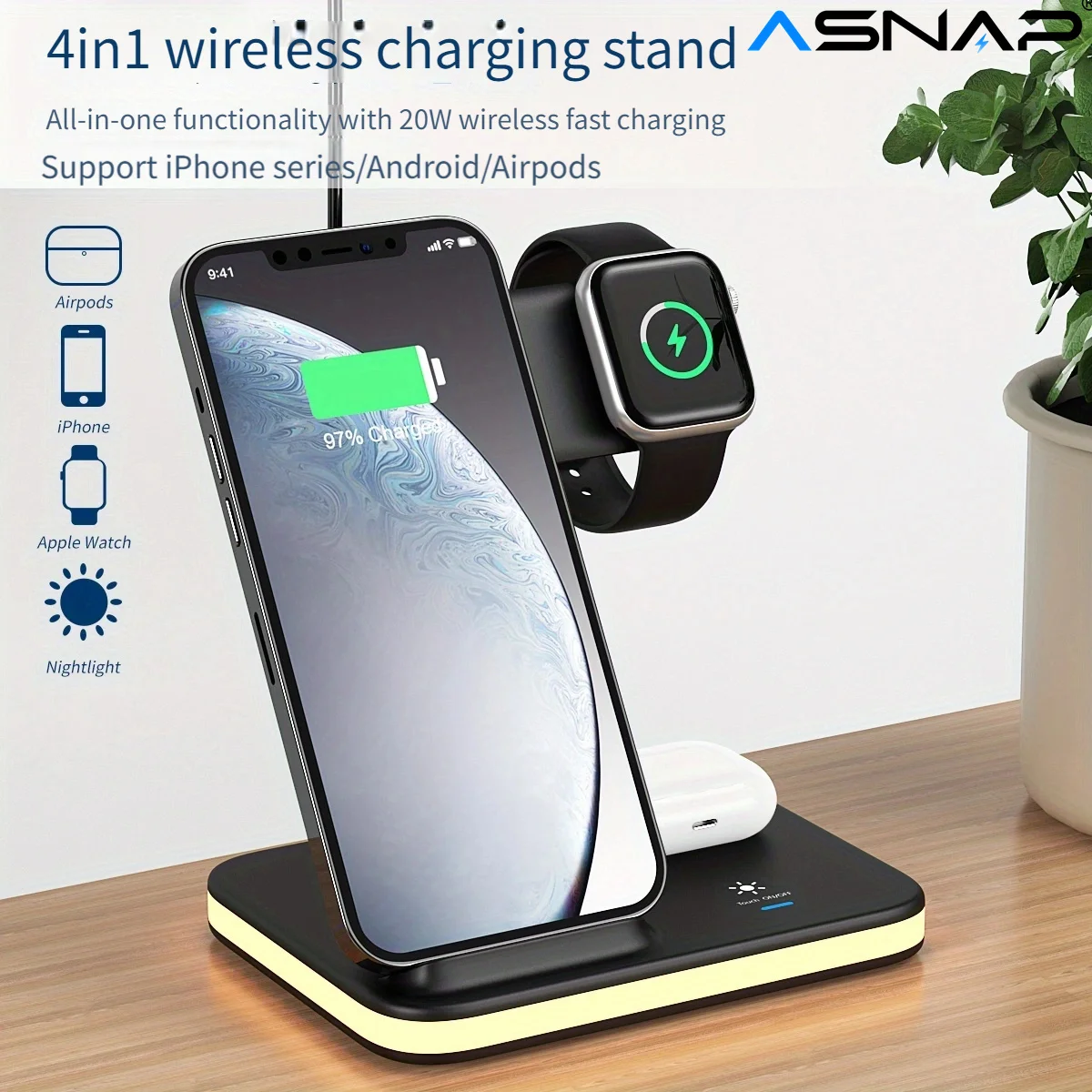 

ASNAP 4 in 1 Universal Wireless Charger Stand with Night Light for iPhone iWatch Airpods