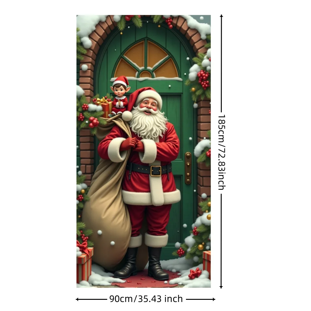 Christmas Door Cover Decorations Santa Claus and Puppy Background Banner for Indoor Outdoor Home Porch Holiday Decor Supplies
