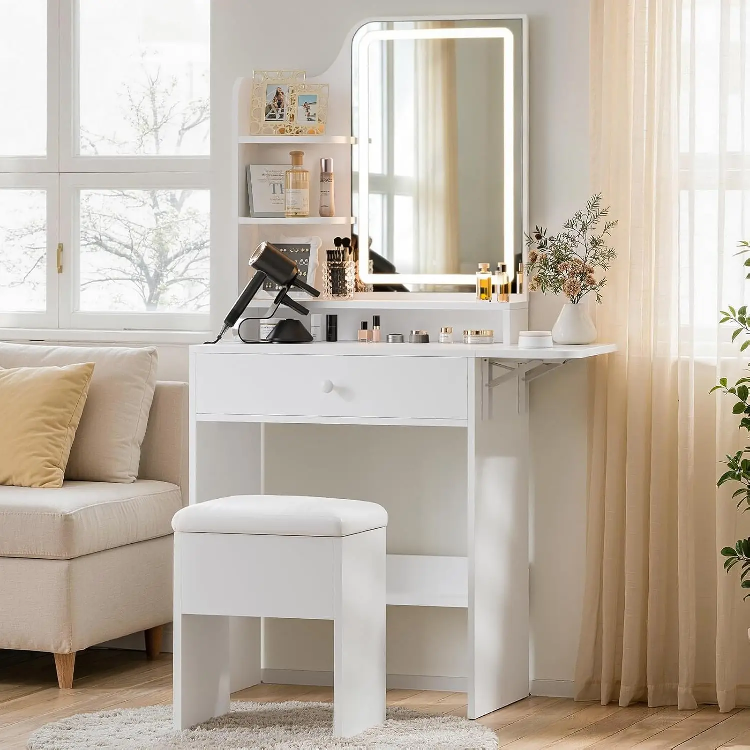 White Compact Foldable Makeup Vanity Desk with Mirror, Lights and Storage Drawer for Bedroom