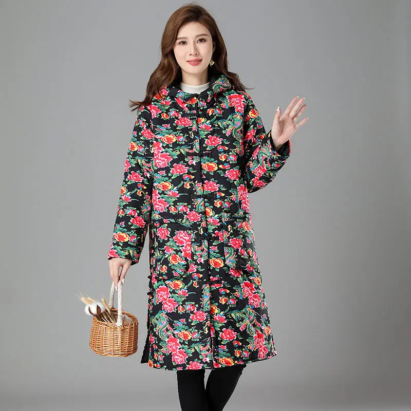 Winter Clothes Mother\'s Ethnic Style Big Flower Thickening Cotton Padded Jacket Large Size Loose Retro Fashion Quilted Coat T598