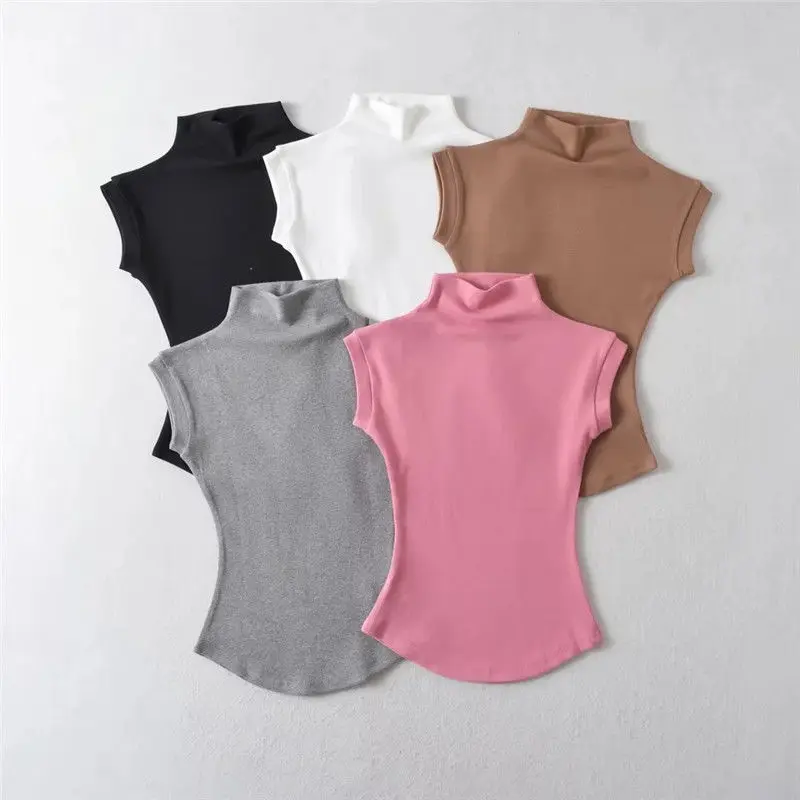 

Pure Desire Style Half High Collar Solid Color Short Sleeve Sexy Tight Waist Short Style Spicy Girl Top